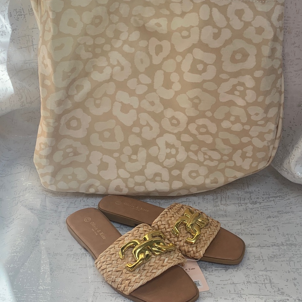 Beige Woven Slide Sandals with Gold Chain Accent